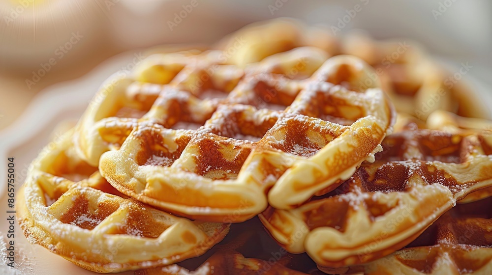 Poster a stack of waffles with powdered sugar on top. the waffles are piled on top of each other, creating 