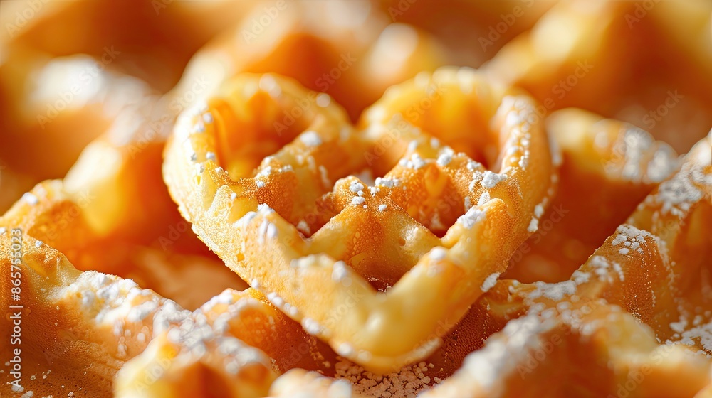 Poster a waffle with powdered sugar on top and a heart shape in the middle. the waffle is surrounded by oth