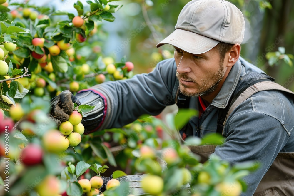 Poster a man is picking apples from a tree. he is wearing a hat and gloves. the apples are ripe and ready t