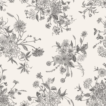 Seamless floral pattern with summer and autumn flowers. Engraving style. Black and white.