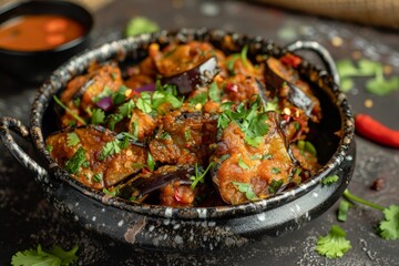 Fototapeta premium Indian recipe for crispy eggplant fried in a pan
