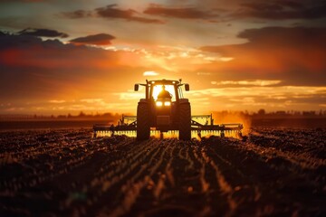 Fototapeta premium Farmer plowing field at sunset with tractor and cultivator