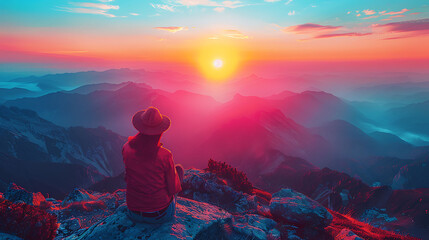 Obraz premium Sunset over mountains using wideangle lens to emphasize the vast landscape