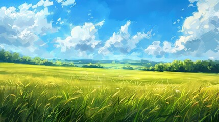 Fototapeta premium A painting of a field with a blue sky and clouds. The sky is clear and the grass is tall