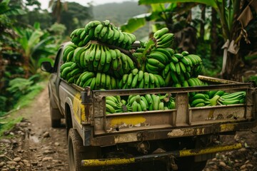 Obraz premium Farmers transporting fresh green bananas from forest villages to city for sale