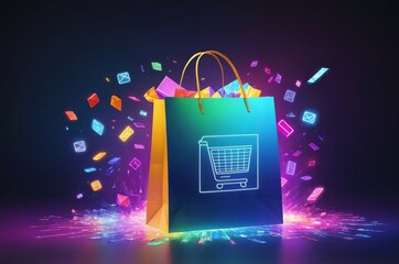 Vibrant bag with glowing icons explodes on dark background symbolizing abundance of online shopping
