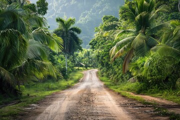 Obraz premium A dirt road in a jungle with palm trees on either side. The road is narrow and winding, and the trees are tall and lush. The scene is peaceful and serene