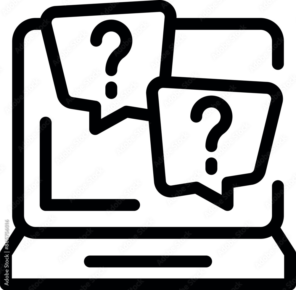 Poster simple black and white icon of a laptop with two speech bubbles containing question marks, represent
