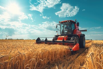 Obraz premium A red tractor is driving through a field of wheat. The sky is blue and there are a few clouds