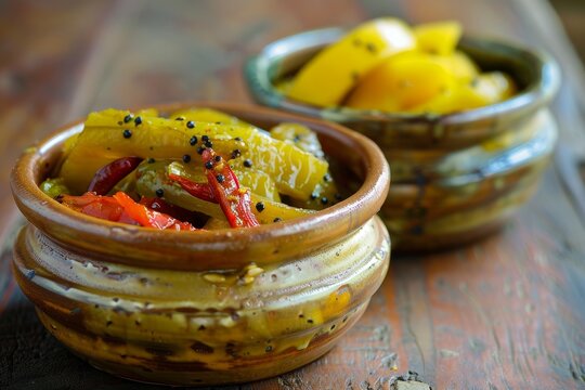Homemade Indian pickles of red green chili mango and lemon also known as Mirchi Aam and Nimbu ka achar served in ceramic bowls with selective