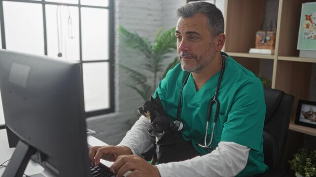 Middle-aged hispanic man veterinarian wearing scrubs works on a computer with two chihuahuas in a modern veterinary clinic.