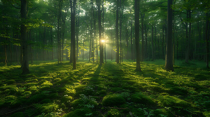 Fototapeta premium Temperate forest teeming biodiversity featuring diverse plant and animal species 