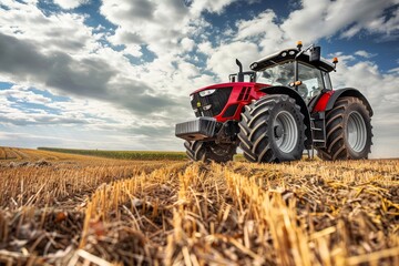 Fototapeta premium Image of red tractor using GPS for precision farming in field during cloudy summer autumn day