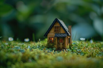 Small wooden house on grass in repetition.