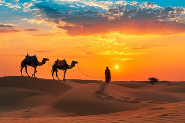 Indian cameleer leading caravan in Thar desert at sunset Jaisalmer Rajasthan India