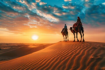 Indian camel drivers with camels in Thar desert at sunset Caravan in Rajasthan for safari adventure Jaisalmer India