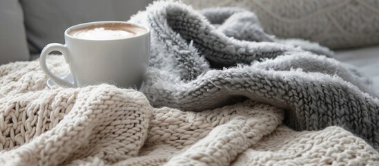 Comfortable gray blanket with a hot drink