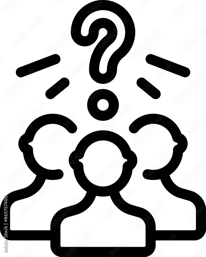 Poster group of people are brainstorming and trying to find a solution to a problem represented by a questi