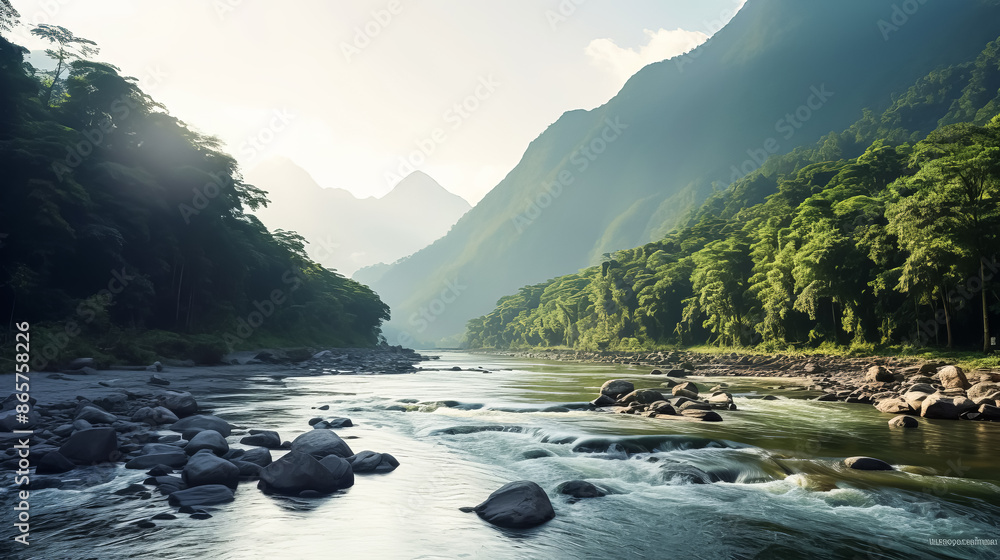 Poster a river with a forest on either side.