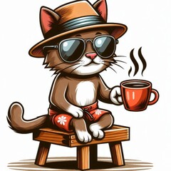 Naklejka premium The image features a cartoon cat wearing sunglasses and a hat, sitting on a stool. The cat appears to be holding a cup of coffee., illustration