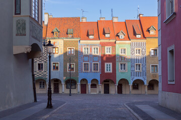 Facades of old colorful houses on the Town Hall Square in Poznan