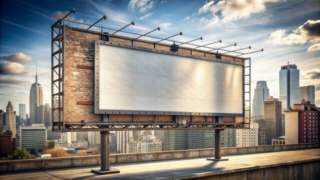 Empty urban cityscape backdrop featuring giant blank billboard standing tall on a rustic metal frame awaiting creative design.