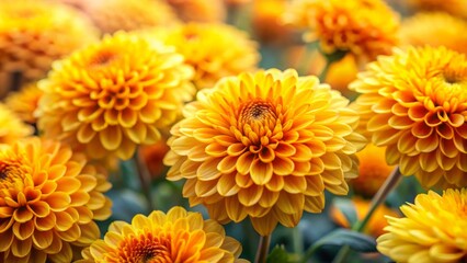 Fototapeta premium Vibrant yellow Chrysanthemum flowers densely arranged on a soft focus background creating a warm and inviting autumnal atmosphere.