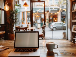 Fototapeta premium A white-screen laptop computer mockup on a wooden table in a contemporary cosy coffee shop. - ai