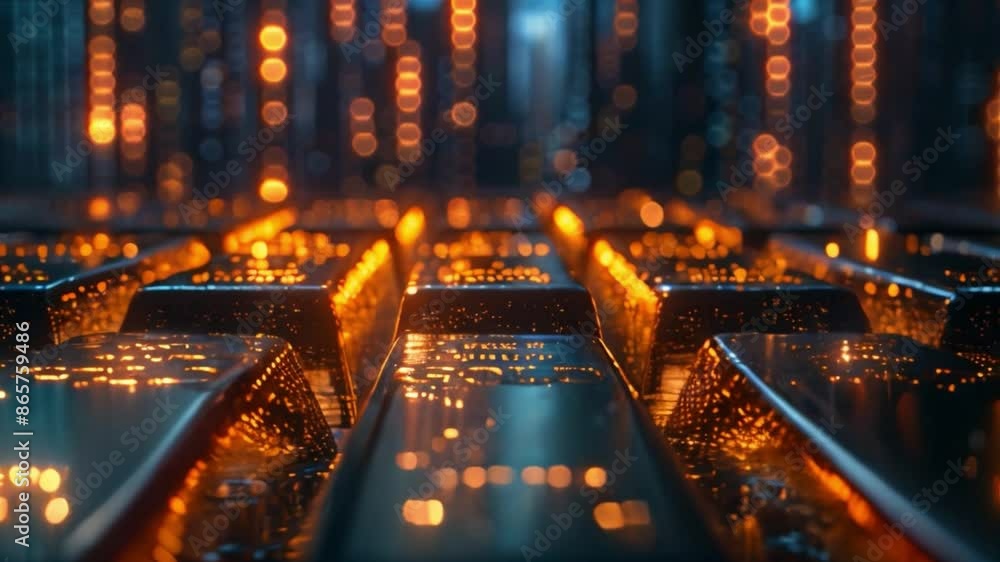 Aufkleber this row of shiny gold bars lit up by a series of orange lights in a futuristic setting.
