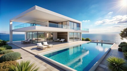 Luminous modern white villa with sleek architecture overlooks turquoise sea waves and calm horizon on a sunny cloudless day.