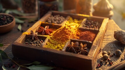 Colorful Spices in Wooden Box Generative AI