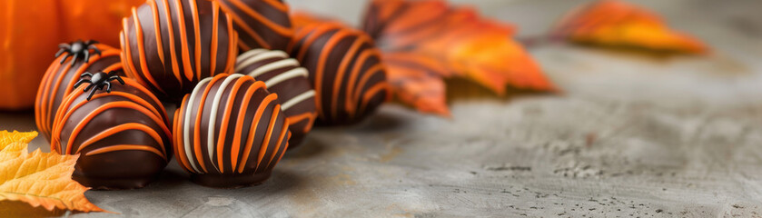 Pumpkin spice truffles with autumnal decorations, Halloween candy, seasonal luxury