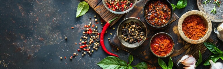 Assorted Spices and Herbs on dark, background