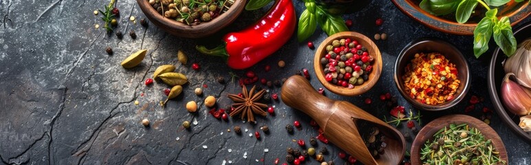 Assorted Spices and Herbs on Rustic Surface