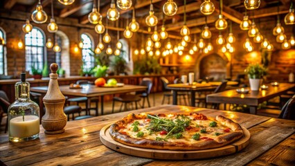 Warm, golden-lit Italian restaurant interior with rustic wooden tables, vintage decorations, and a freshly baked pizza on a wooden board centerpiece.