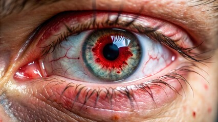 Macro view of a bloodshot eye with visible veins, tearfulness, and redness, contrasted with a second clear, refreshed eye after treatment.