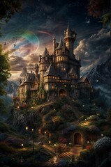 Fototapeta premium Majestic fairytale castle on a hill with glowing lights and fantasy background