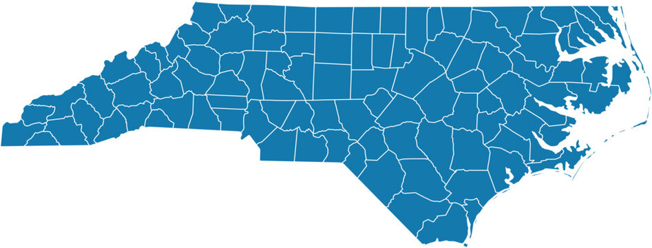 Editable vector file of the counties that make up the state of North Carolina, located in the United States.