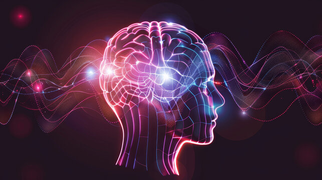 Abstract digital illustration of a human brain with neural connections and vibrant energy waves