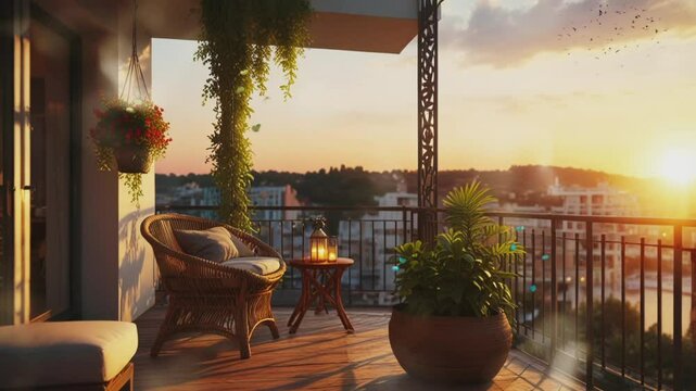 Balcony terrace with sunset atmosphere.Seamless 4k time lapse virtual video animation background