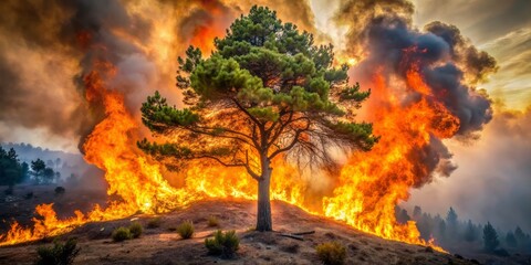 A tree devoured by flames Fires in Italy Brasil Spain Greece Chile Valparaiso. Sardinia Climate change Emergency natural problem Enviromental  Burning trees fire and smoke Forest Fire Wildfire burning