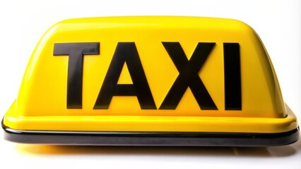 Brightly lit, iconic, yellow taxi roof sign with bold black lettering, isolated against a clean white background in high-contrast.