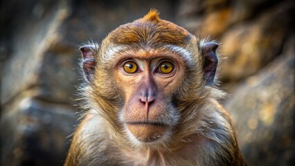 Obraz premium Majestic long macaque monkey species portrait, showcasing distinctive brown fur and expressive face, isolated on a natural stone background.
