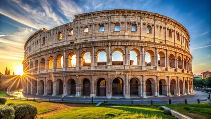 Fototapeta na wymiar Ancient historic landmark, Coliseum, Rome, Italy, grandiose, oval-shaped, imposing, stone, architecture, iconic, majestic, arches, columns, sunshine, blue sky.