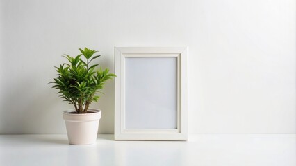A minimalist empty white picture frame adorned with a lush green potted plant, isolated on a clean white background.