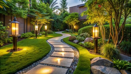 Obraz premium Sleek, curved stone pathway winds through lush greenery, modern lanterns, and minimalist decor in a serene, upscale backyard oasis.