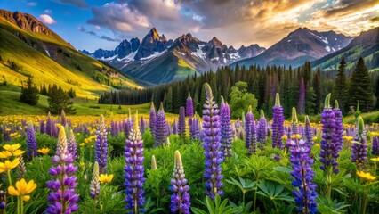 Vibrant purple lupine and yellow bell-shaped blooms dance amidst lush green meadows and towering Rocky Mountains in Colorado's serene wilderness.