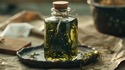 Innovative superfood ingredient Seaweed and algae oil in glass bottle with live seaweed in water tied with jute thread on plate with wooden label against brown paper backdrop