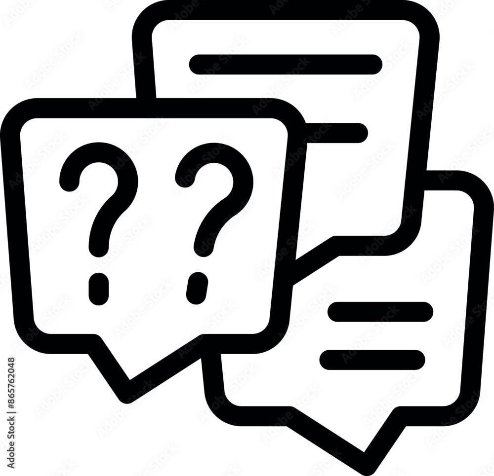 Poster simple black and white icon of three speech bubbles with question marks, representing communication 
