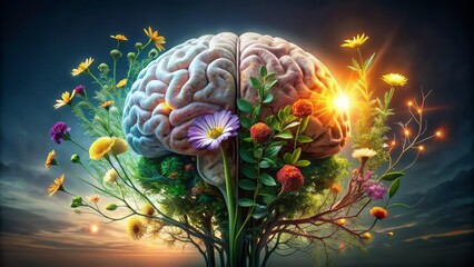Illuminated human brain with growth mindset symbols and blooming flowers vs dark brain with fixed mindset symbols and withered plants.